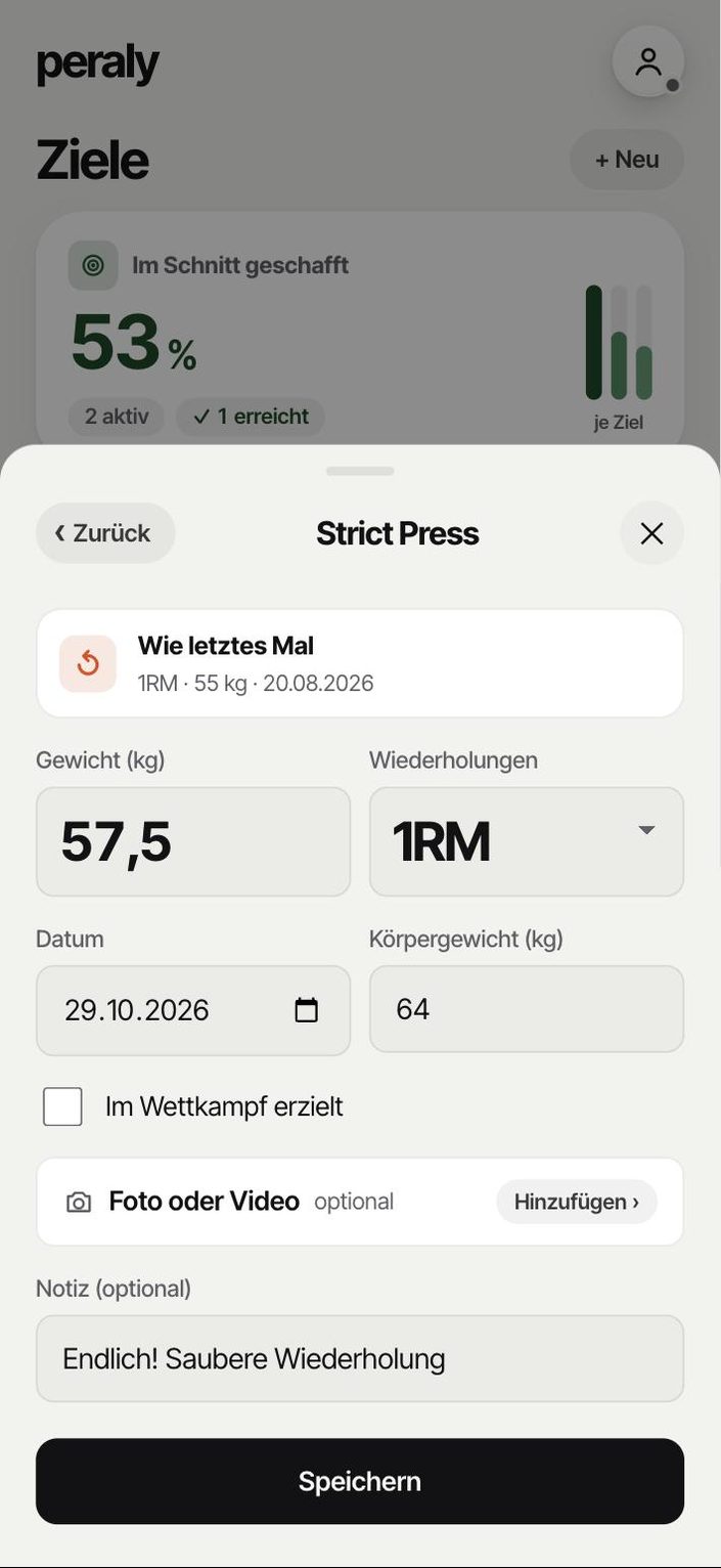 Peraly: Neuer Eintrag Strict Press mit 57,5 kg, 1RM, letzter Wert 55 kg