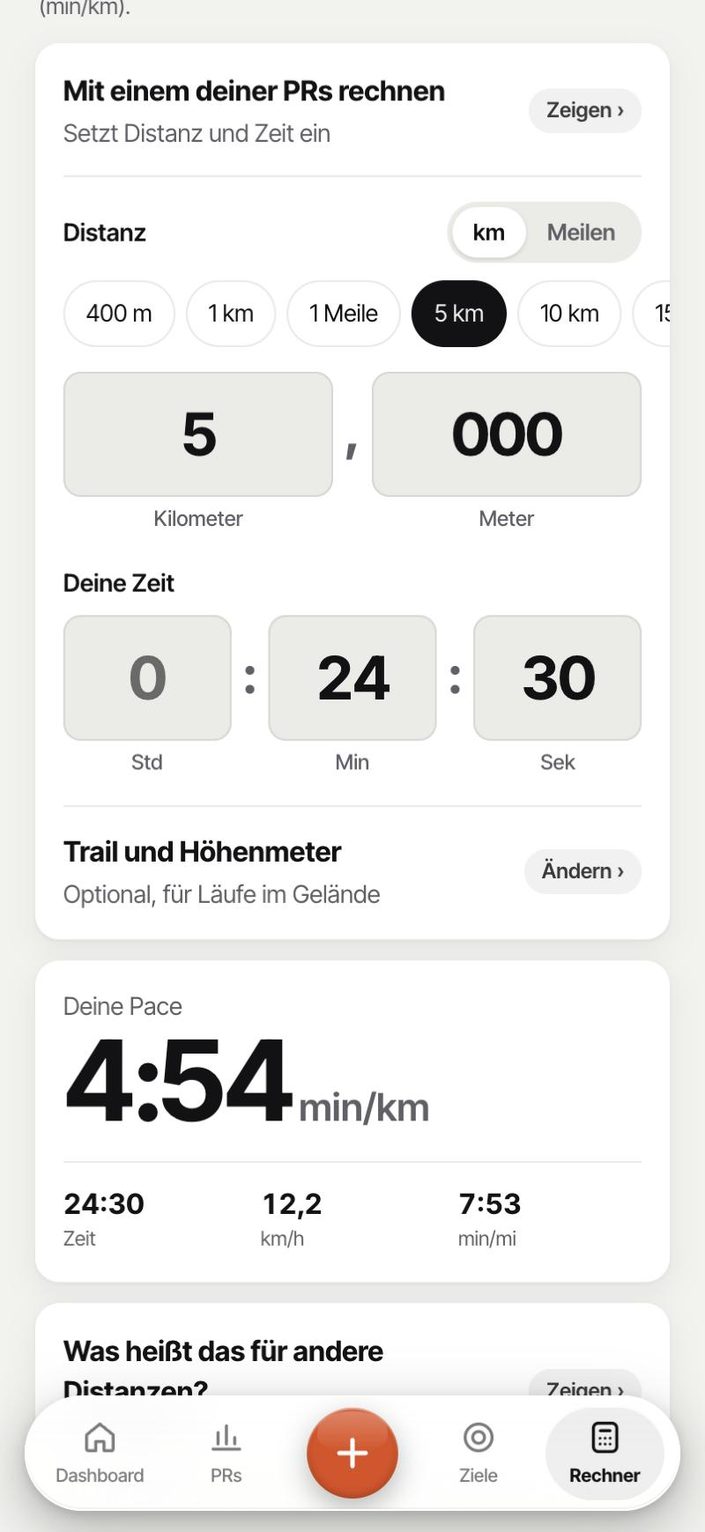 Peraly: Pace-Rechner, 5 km in 24:30 ergibt 4:54 min/km