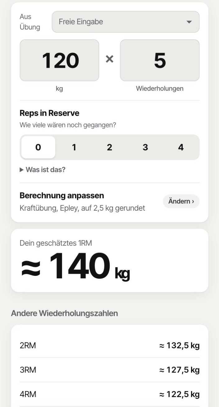 RM-Rechner in der App: 120 kg mal 5 Wiederholungen ergibt ein geschätztes 1RM von etwa 140 kg, darunter 2RM bis 4RM